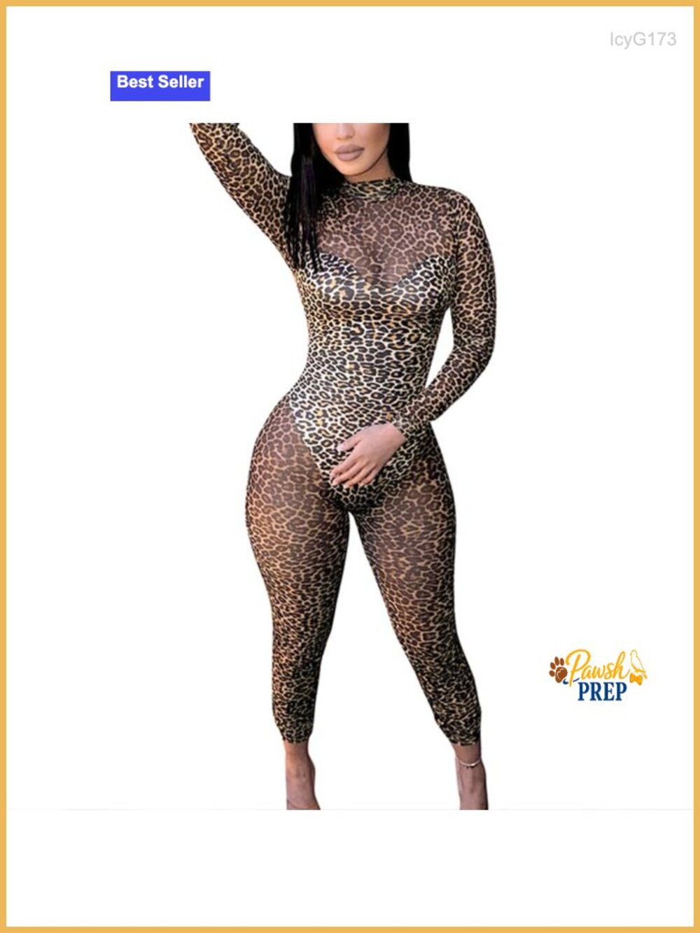 Sexy Leopard Mesh Long-Sleeve Jumpsuit, Slimming One-Piece, Lace-Up Back